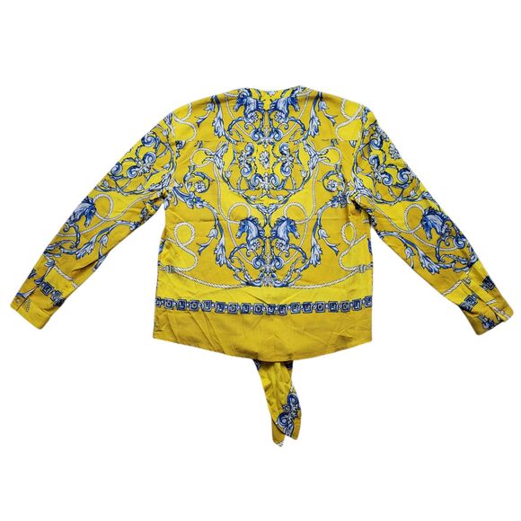 Anthropologie Maeve Elan Scarf Print Blouse 0 Yellow Horse Tie Front Equestrian - Picture 13 of 15